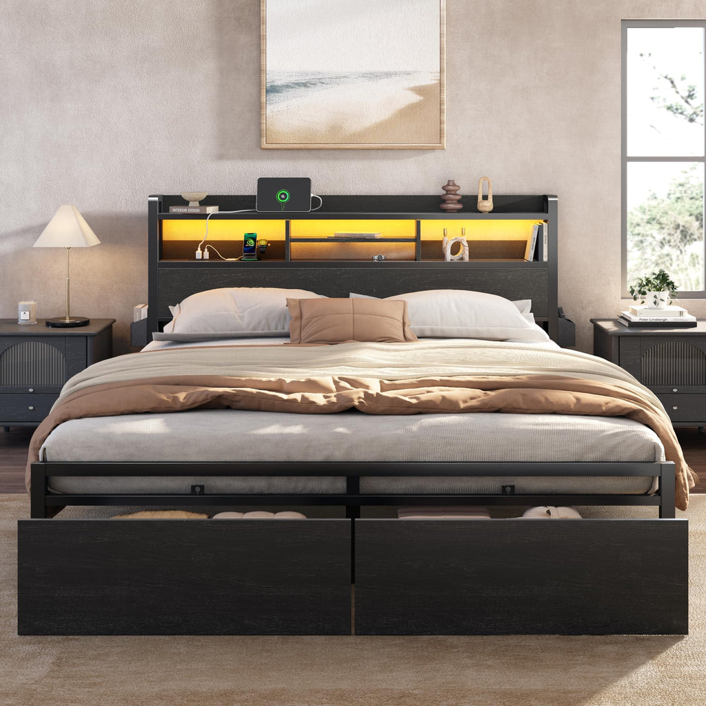 Furnulem Full Size Bed Frame with Headboard and Charging Station,2 Drawers