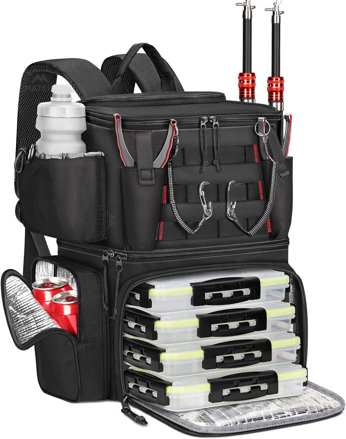 MATEIN Fishing Backpack with 4 Tackle Boxes, Fishing Bag with Rod Holder