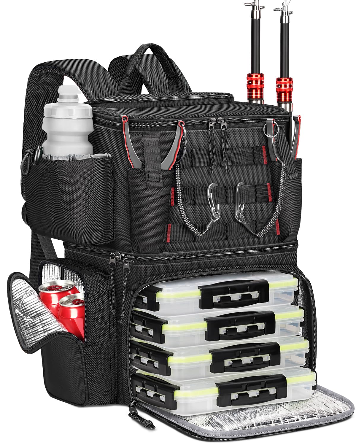 MATEIN Fishing Backpack with 4 Tackle Boxes, Fishing Bag with Rod Holder