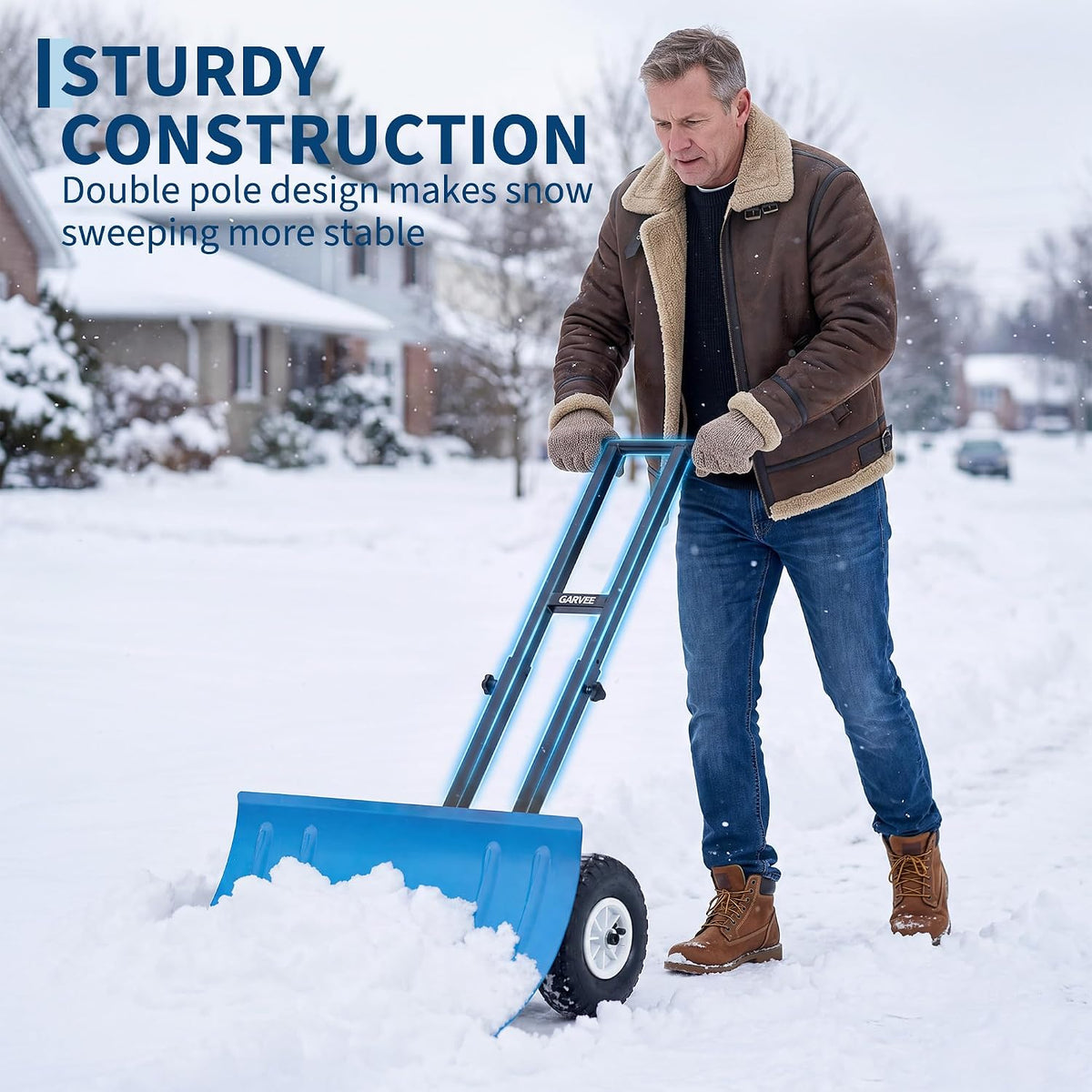 Snow Shovel with Wheels, 29" W x 16.54" H, Double Rod, Blue