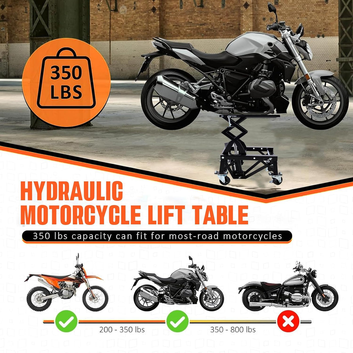 Hydraulic Motorcycle Lift Table,350 LBS Heavy Duty Ultra-Stable Jack Stand Fit for Dirt Bike ATV Bike, Jack Lift Foot Step with Deck, J-Hooks, 4 Wheels (Black)