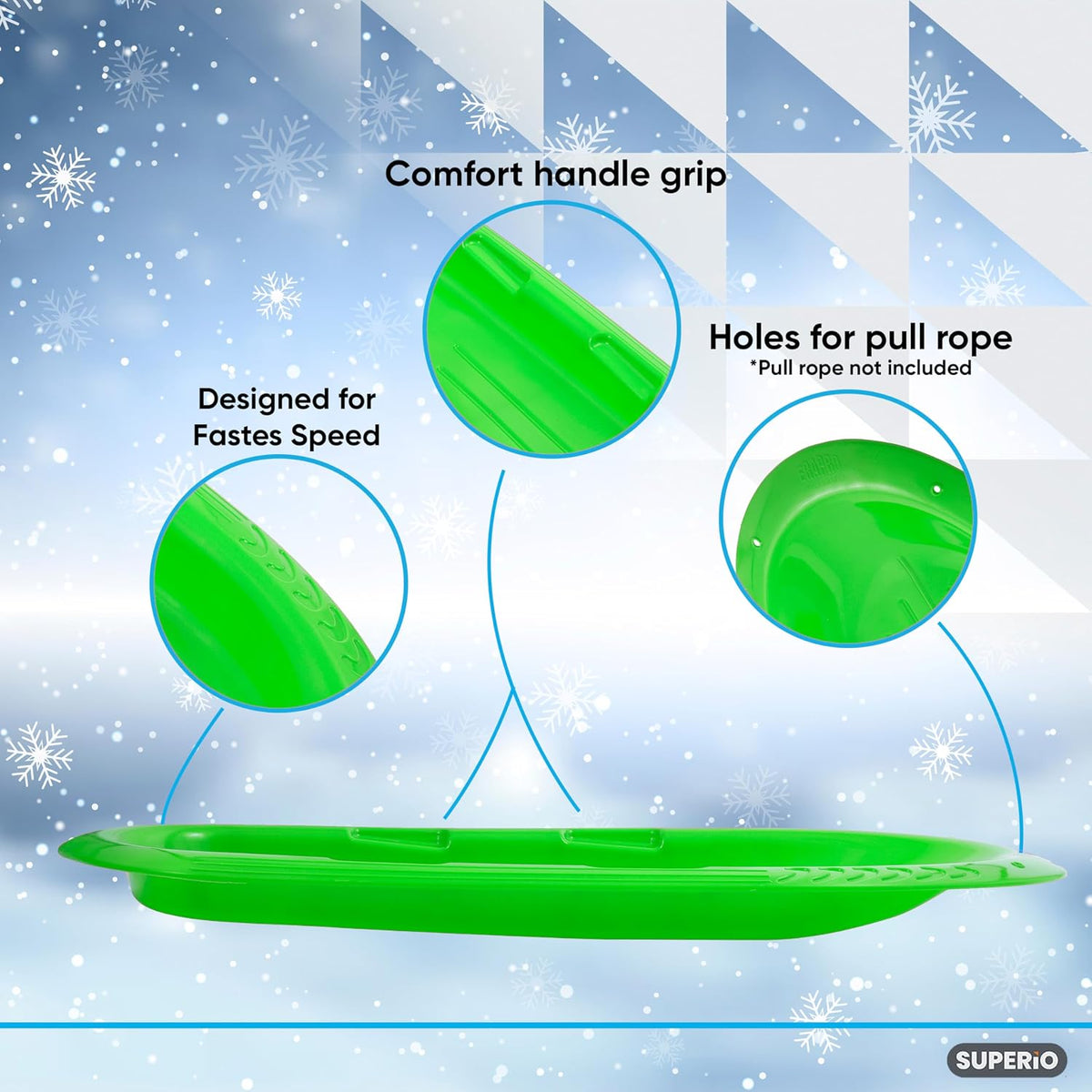 Superio Toboggan Snow Sleds for Kids and Adults, 2 Pack Heavy Duty Plastic Sliders with Handles and Hole for Pull Ropes- Kid and Adult Winter Fun