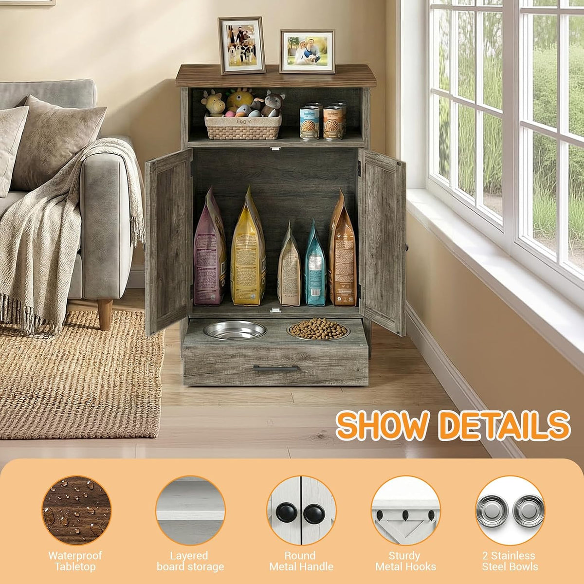 Dog Feeding Station with Storage Cabinet, Raised 2 Elevated Dog Bowls with Hidden Drawer, Pet Feeding Station with Storage, Dog Food Storage Cabinet with 3 Side Hooks, Pet Storage Station