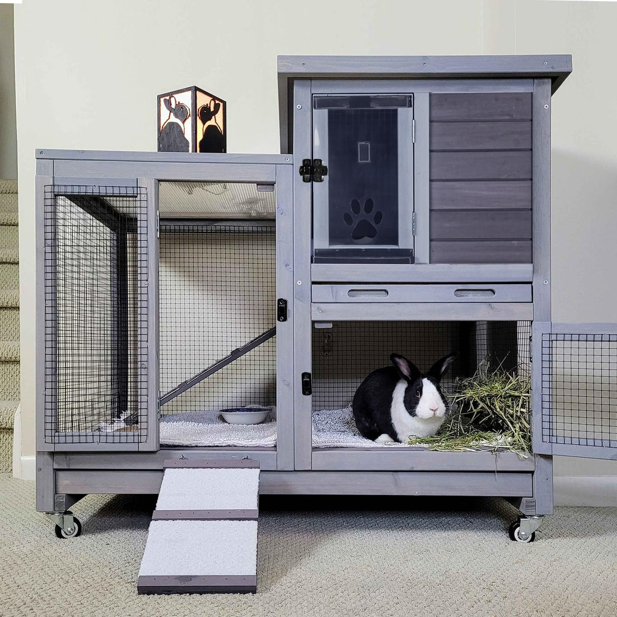 GUTINNEEN 2-Story Rabbit Hutch Indoor Bunny Cage Outdoor Guinea Pig House Wooden Small Animal Cage with Chew-Proof Ramp, Leak-Proof Tray, Lockable Wheels for 2-4 Rabbits, Guinea Pigs (Grey)