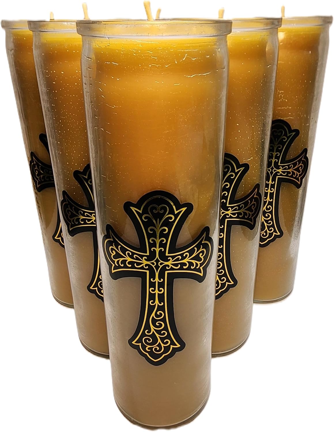 Made in USA Beeswax Devotional Prayer Candles with Cross on Glass 100 Hours Burn time. 6 Pack
