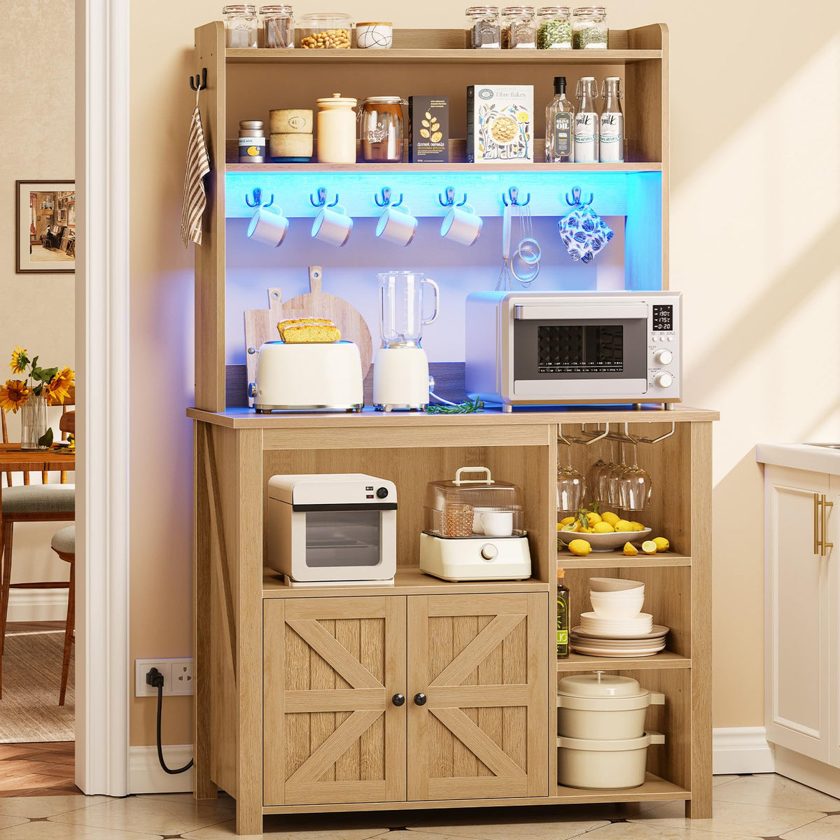 Itaar Farmhouse Bakers Rack Coffee Bar Cabinet with Storage, Power Outlet