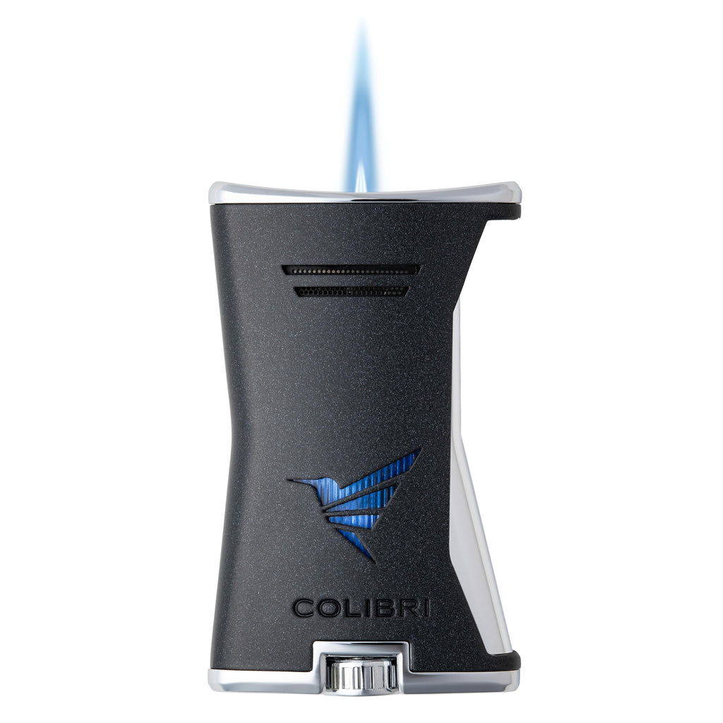 Colibri Premium Slim Torch Lighter - Windproof & Refillable, Cigar Enthusiast's Choice with Blue Fuel Window and Adjustable Flame (Black + Black) - Shipped Empty - no Butane.