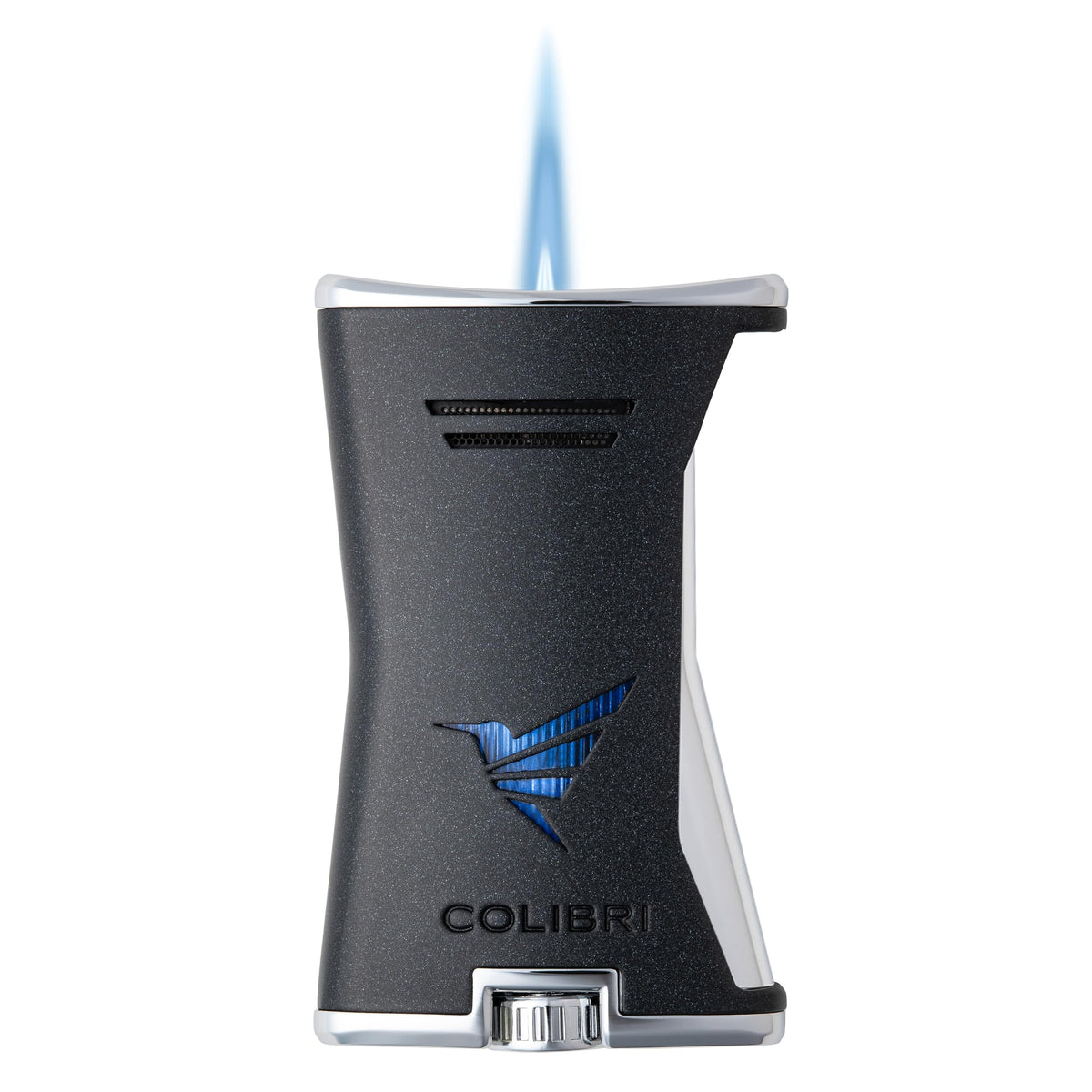 Colibri Premium Slim Torch Lighter - Windproof & Refillable, Cigar Enthusiast's Choice with Blue Fuel Window and Adjustable Flame (Black + Black) - Shipped Empty - no Butane.