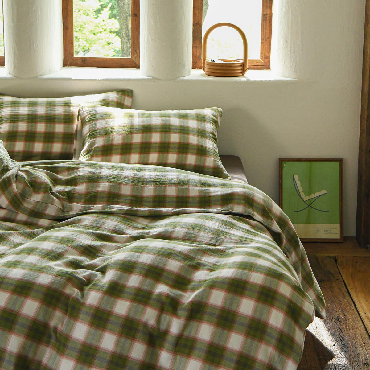 EAVD Vintage Buffalo Plaid Duvet Cover Queen Red&Black&Green Muslin Cotton