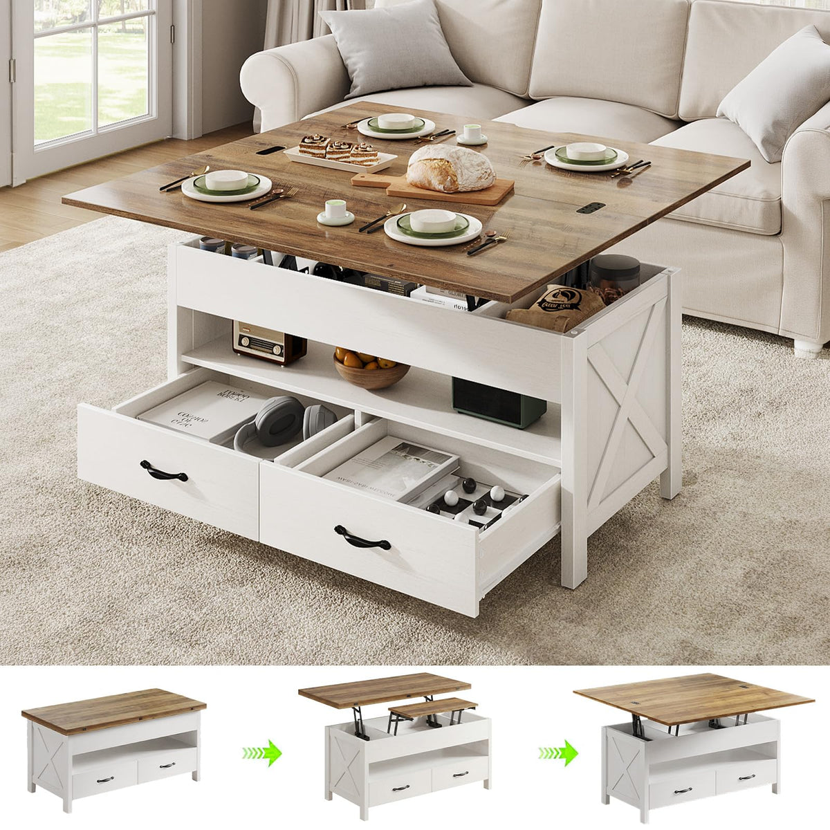 Marsail 40" Lift Top Coffee Table, 4 in 1 Coffee Table with Hidden Compartment, 1 Open Shelf and 2 Drawers, Multifunctional Farmhouse Center Table for Living Room and Home Office, Brown and White