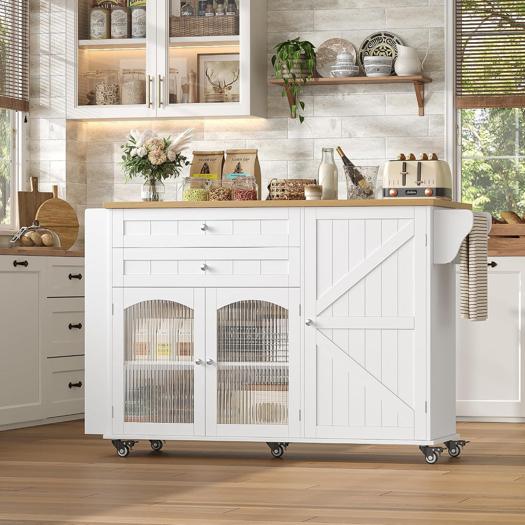 FINETONES 52" Kitchen Island with Storage, Rolling Kitchen Carts on Wheels