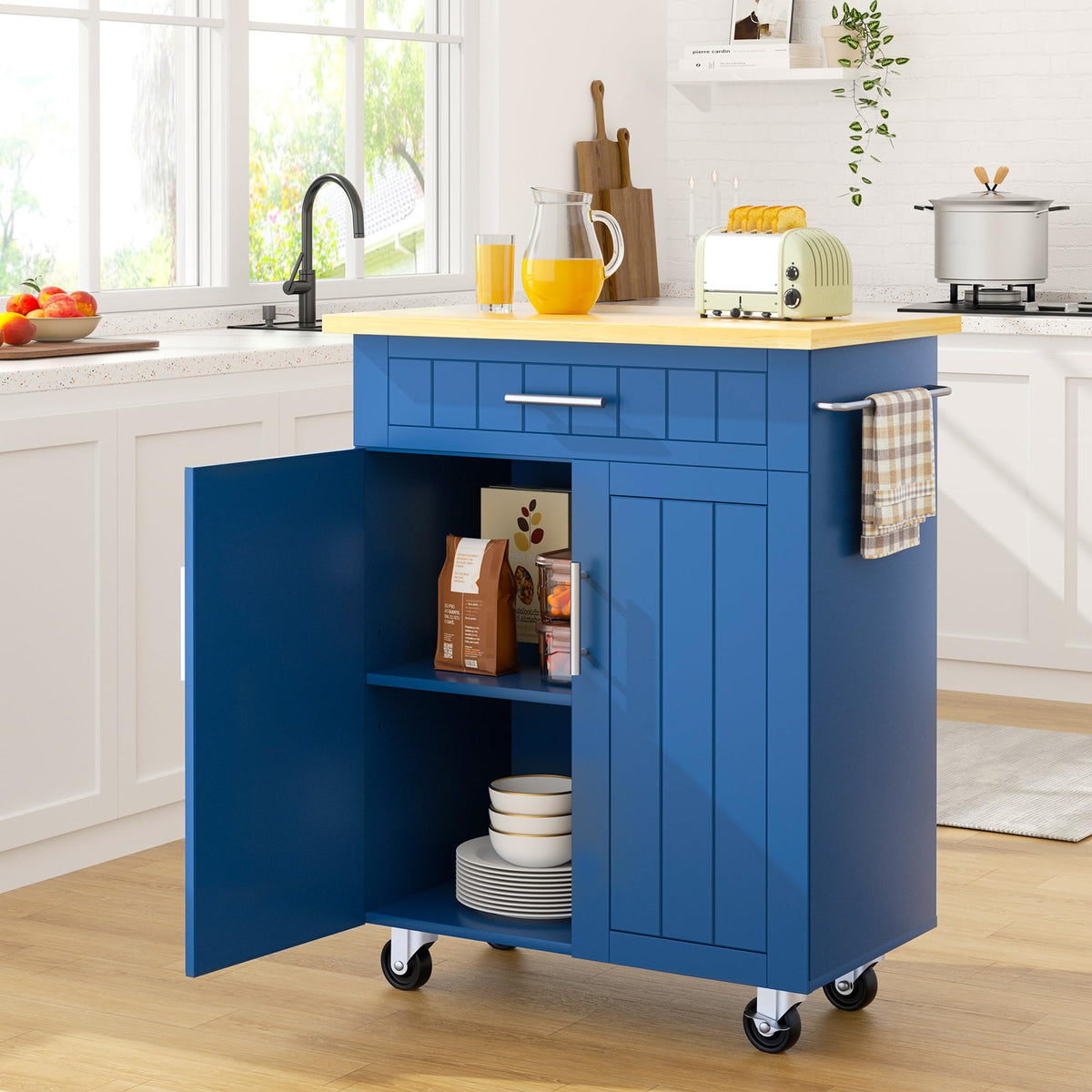 SUNLEI Kitchen Island with Storage, 26" Rolling Microwave Cart with 3 Drawers, Rubberwood Top, Lockable Wheels, Towel Rack & Open Shelves, Portable Kitchen Cart, White