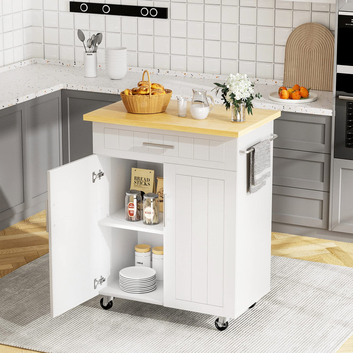 JY QAQA 26" Rolling Kitchen Island Cart on Wheels, Mobile Storage Cabinet with Adjustable Inner Shelves, Kitchen Prep Cart with Towel Rack & Lockable Casters for Small Apartment Kitchen, White