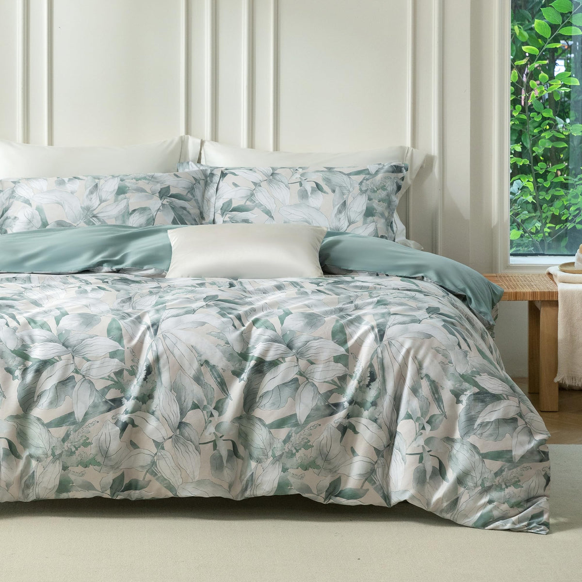 MILDLY White Floral Green Leaves Luxury Duvet Cover Set 3pcs King