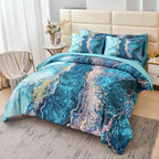 PERFEMET 6 Piece Teal King Size Comforter Set Watercolor Marble Bedding Set