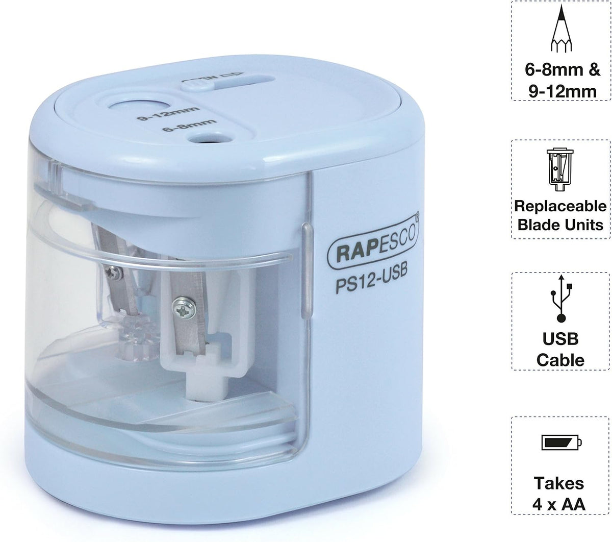Rapesco 1447 Automatic Electric USB/Battery Pencil Sharpener, Power Blue