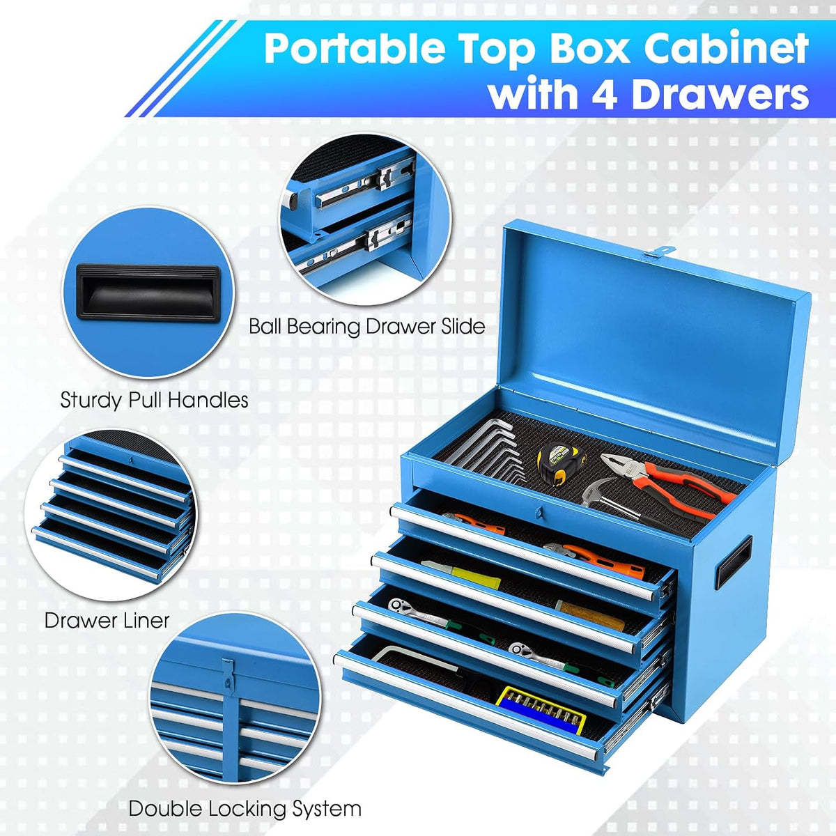 5-Drawer Rolling Tool Chest with Detachable Tool Box, Lockable Wheels, 4 Hooks, and Liner, Heavy-Duty Metal Tool Cart for Garage and Workshop Storage, Blue