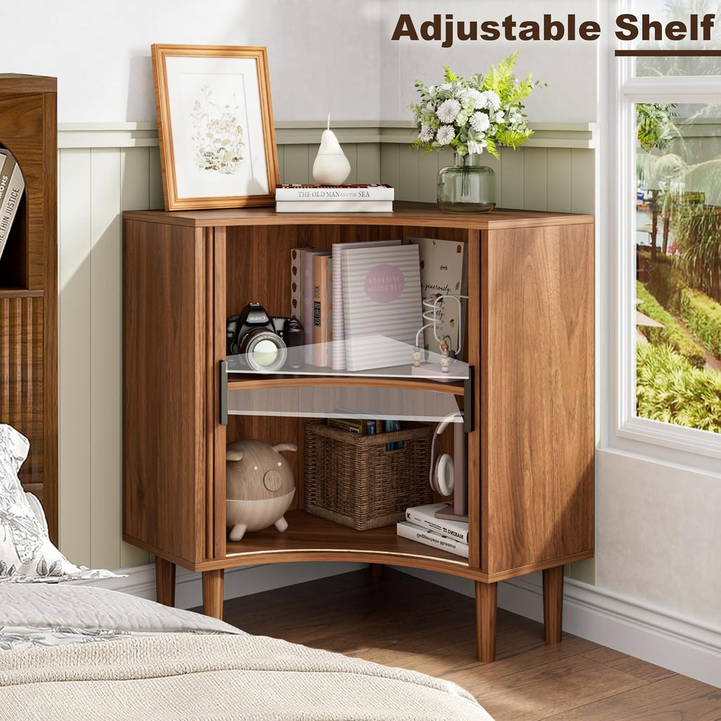 Lxsxlome Fluted Corner Cabinet with Sliding Doors and Adjustable Shelves