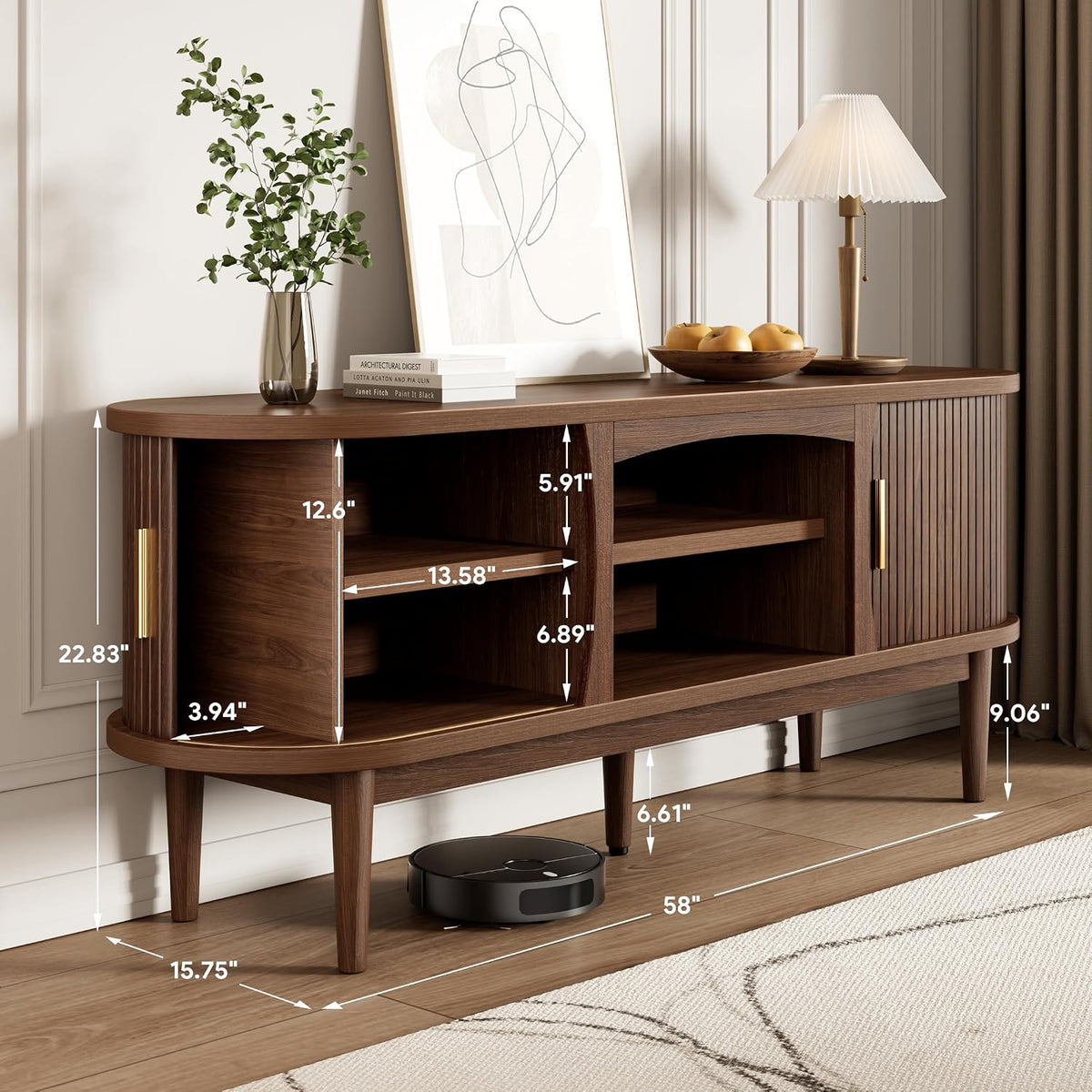 Decofy Mid Century TV Stand for TVs up to 65 Inches, Entertainment Center with Storage, Power Outlet, Fluted Sliding Doors & Adjustable Shelves, Modern Media TV Console Table for Living Room (Walnut)