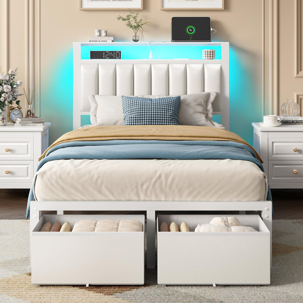 Furnulem Twin Bed Frames with Storage Drawers and Upholstered Headboard