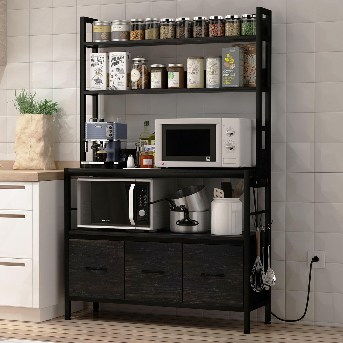 Kitchen Bakers Rack with Baskets,5-Tier Free Standing Storage Shelf Rack,Industrial Microwave Oven Stand,Metal Kitchen Rack Organizer with Hooks
