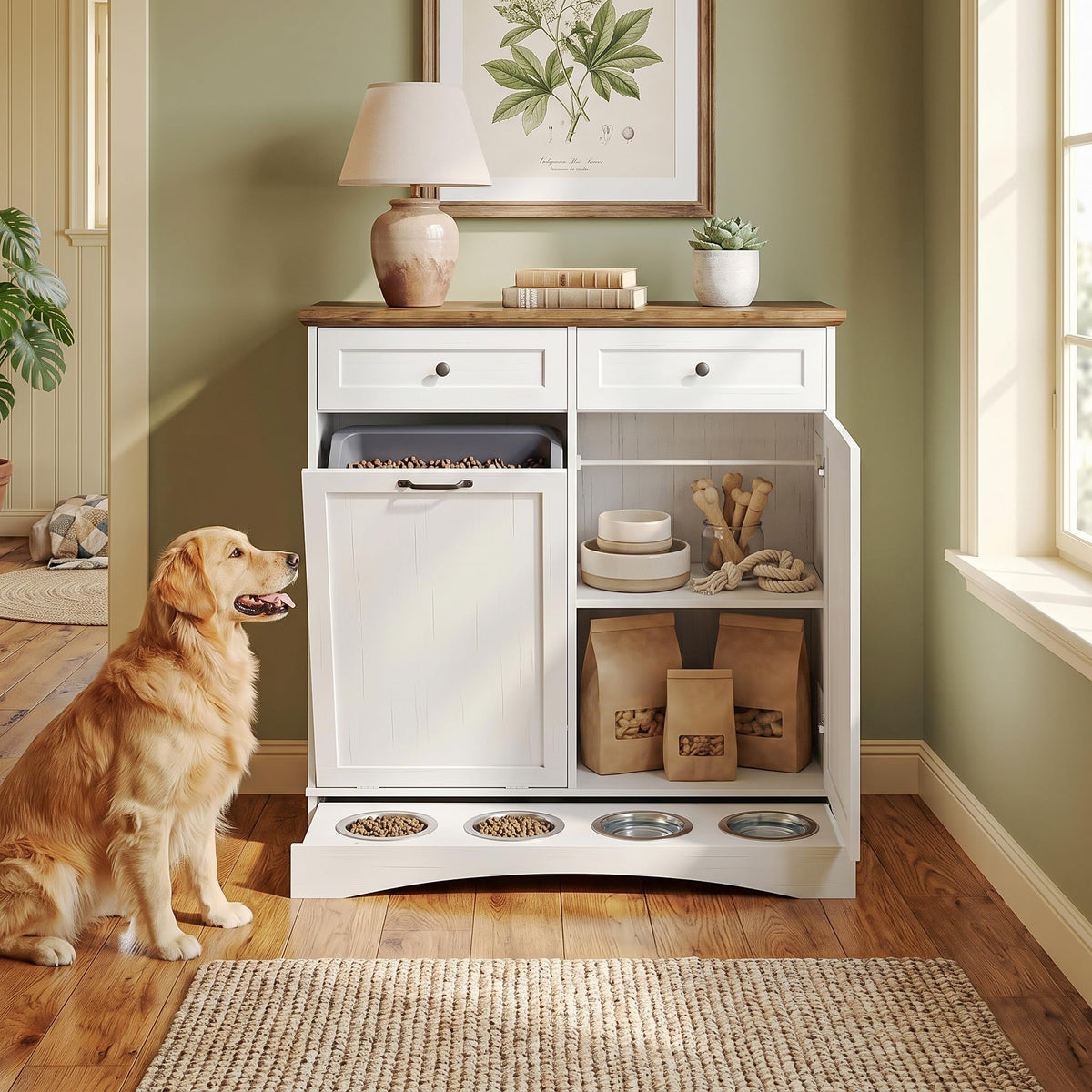 Furnaza Pet Feeding Station with 4 Bowls,Dual Doors dog cabinet storage