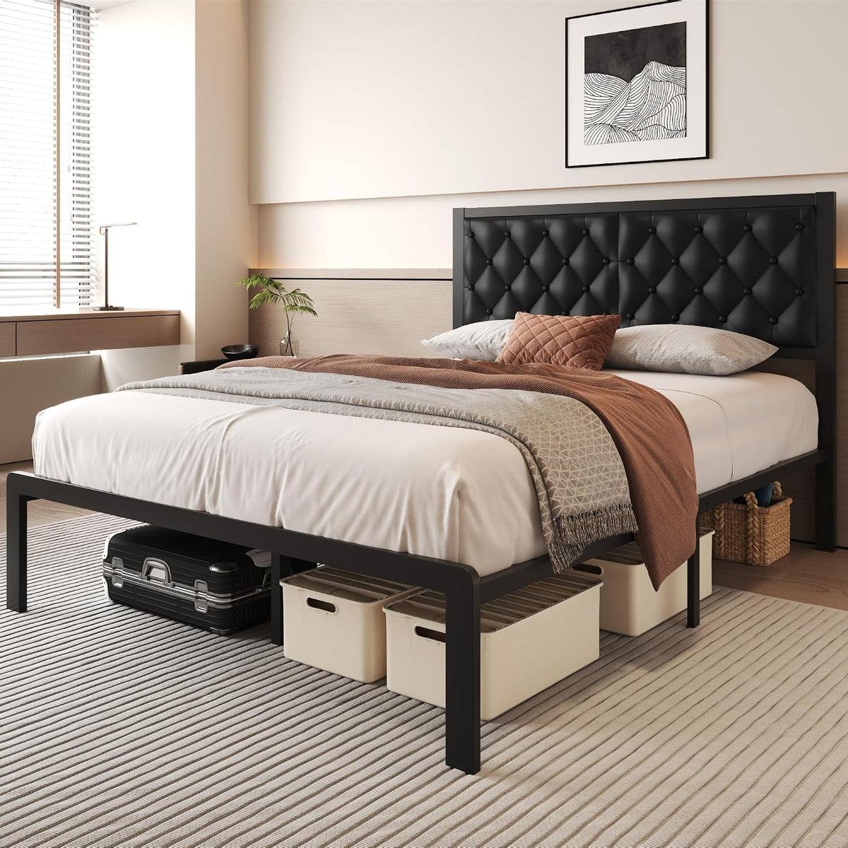 Fluest Queen Bed Frame with Headboard PU Leather Upholstered Bed Frame Platform,All Metal Slats Support Platform Bed Frame with Storage Space,Easy Assembly,Noise Free,No Box Spring Needed,Black