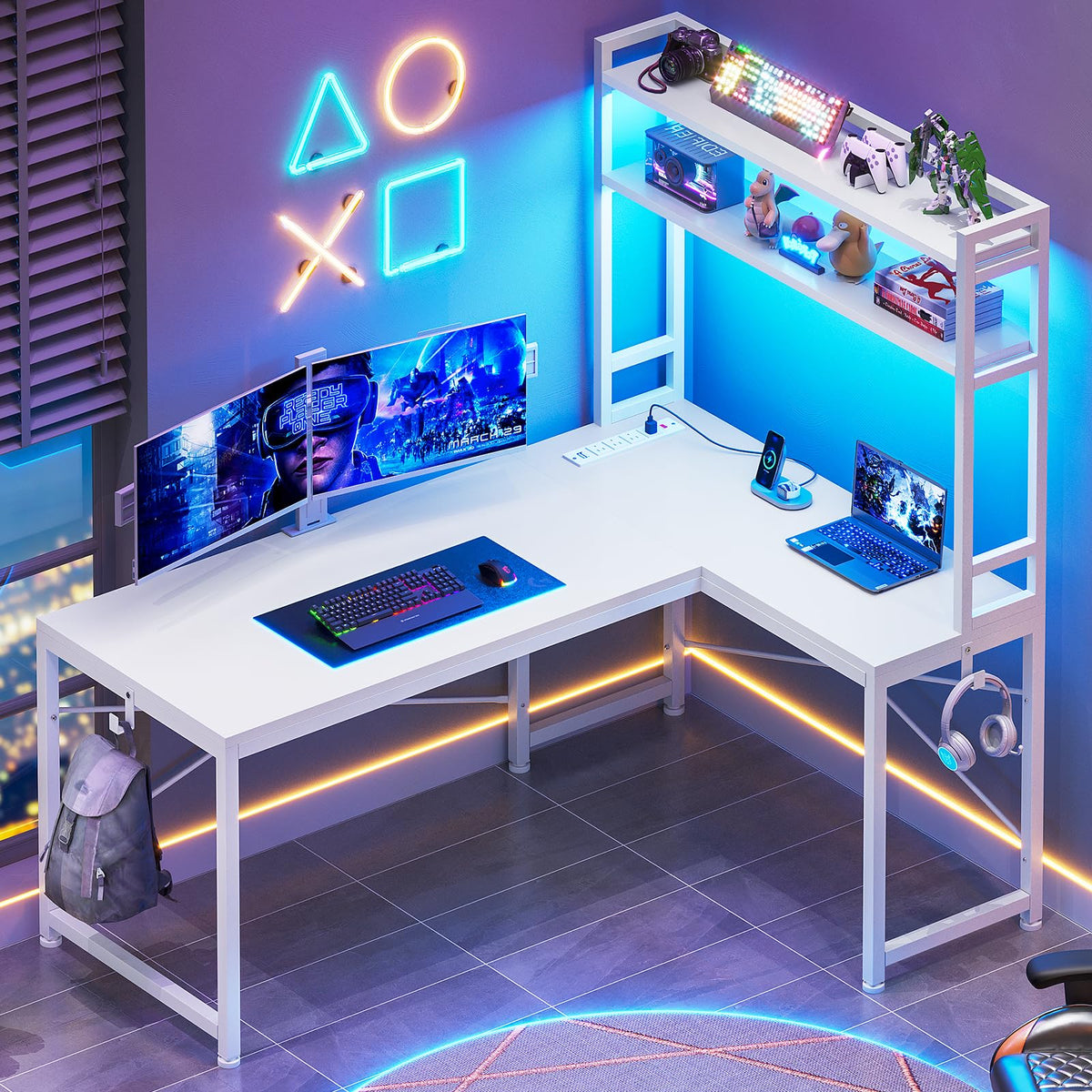 SEDETA 67" L Shaped Gaming Desk with Pegboard LED Lights and Power Outlet