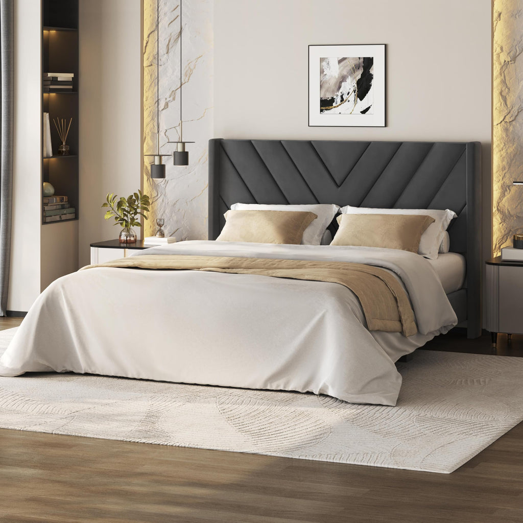 Yaheetech Queen Bed Frame with Chevron Channel-Tufted Headboard, Beige