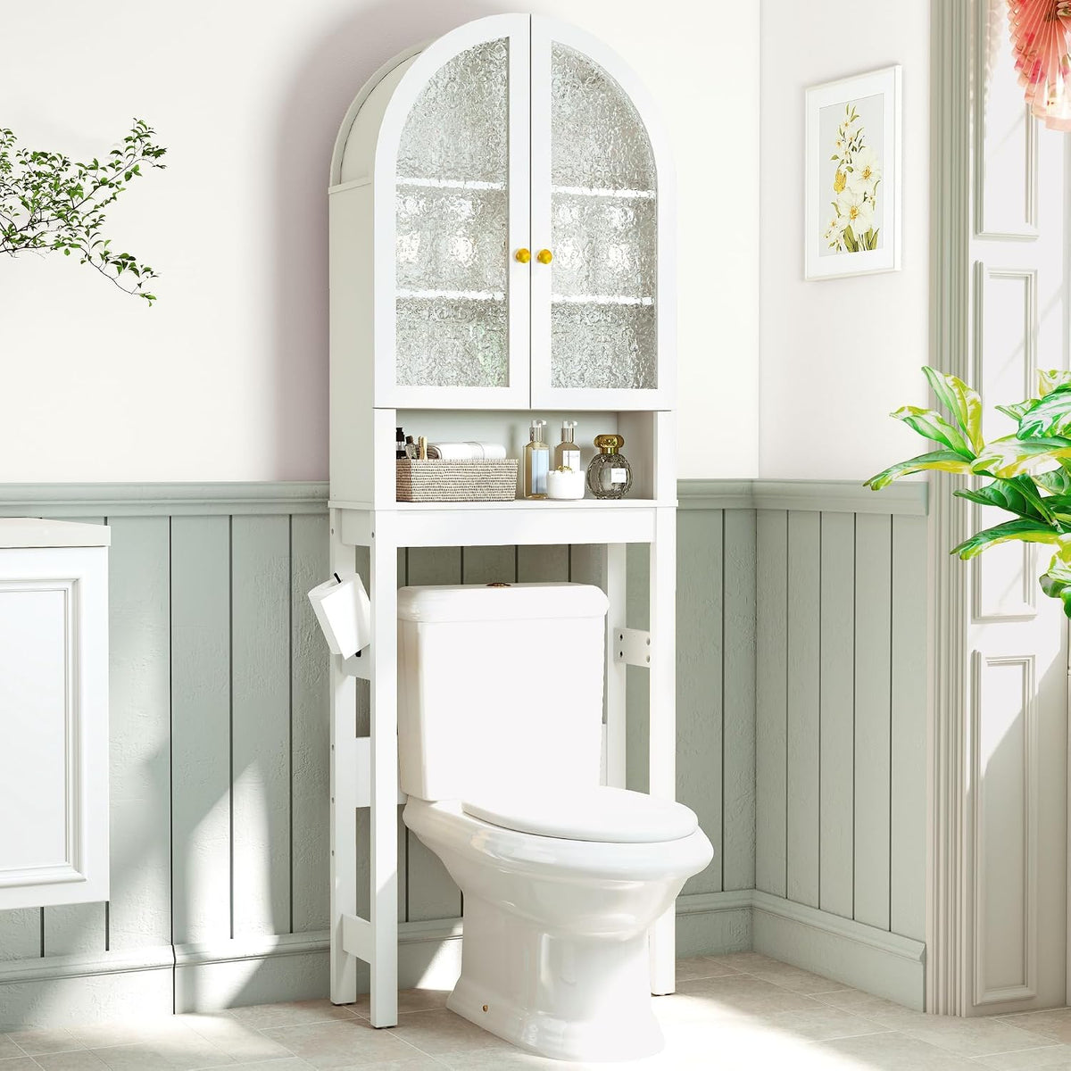 HMstone Over The Toilet Storage Cabinet, Arched Bathroom Organizer and Storage with Acrylic Doors and Adjustable Shelf, Space-Saving Freestanding Bathroom Modern Storage Cabinet Over Toilet, White