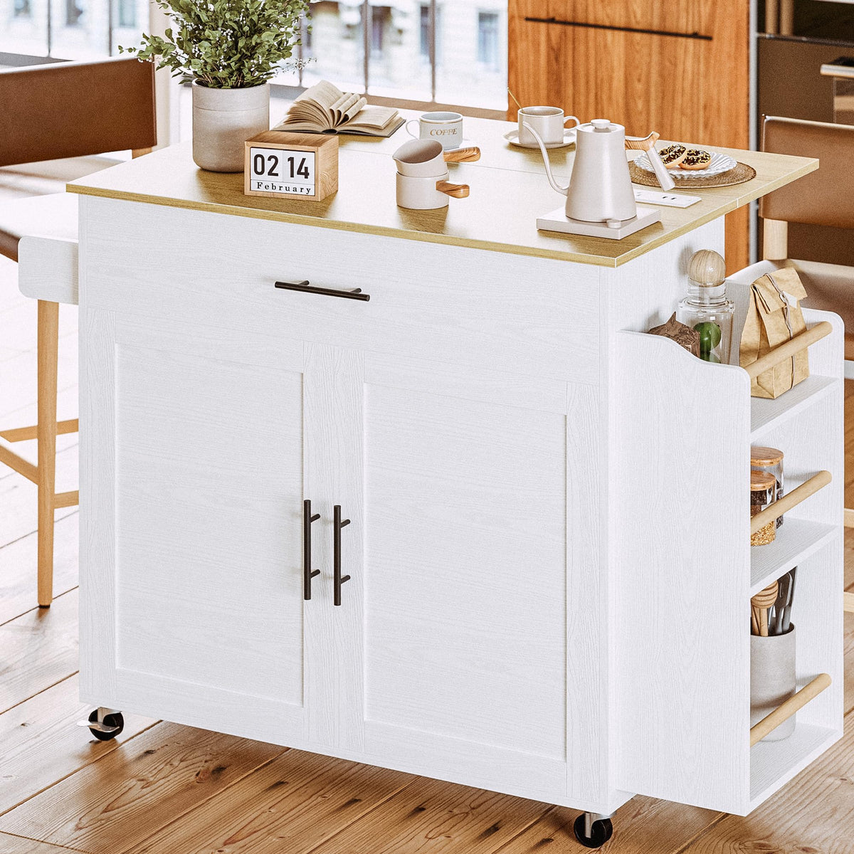 IRONCK Kitchen Island with Storage, Charging Station and Drop Leaf, Black