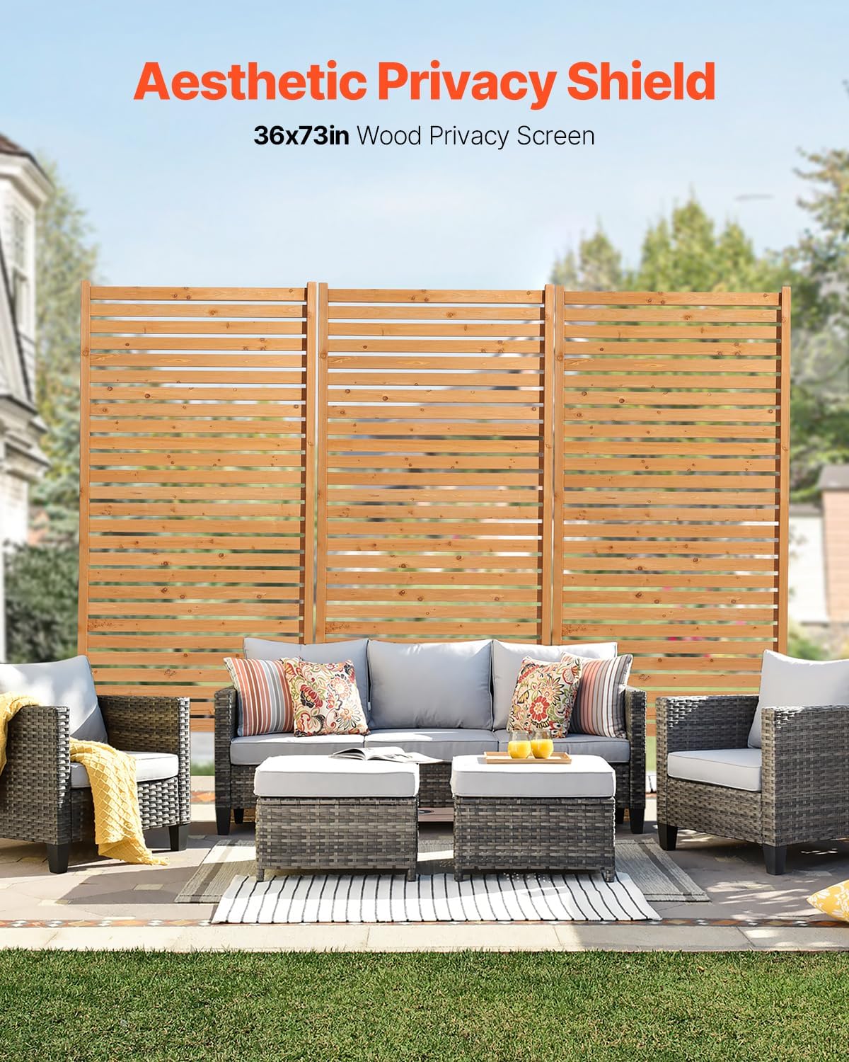 VEVOR Wooden Privacy Screen, 36" W x 73" H Outdoor Privacy Screen, Freestanding Wood Privacy Panel with Stand, Decorative Patio Privacy Screen, Outdoor Divider for Balcony Patio Lawn Garden
