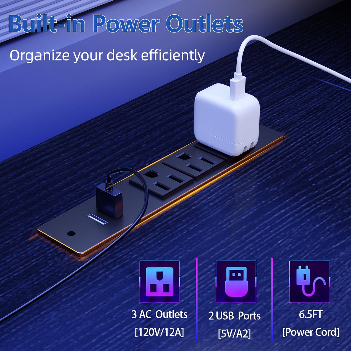 Furologee 51" Gaming Desk with Outlets & LED, Computer Office Desk, Black