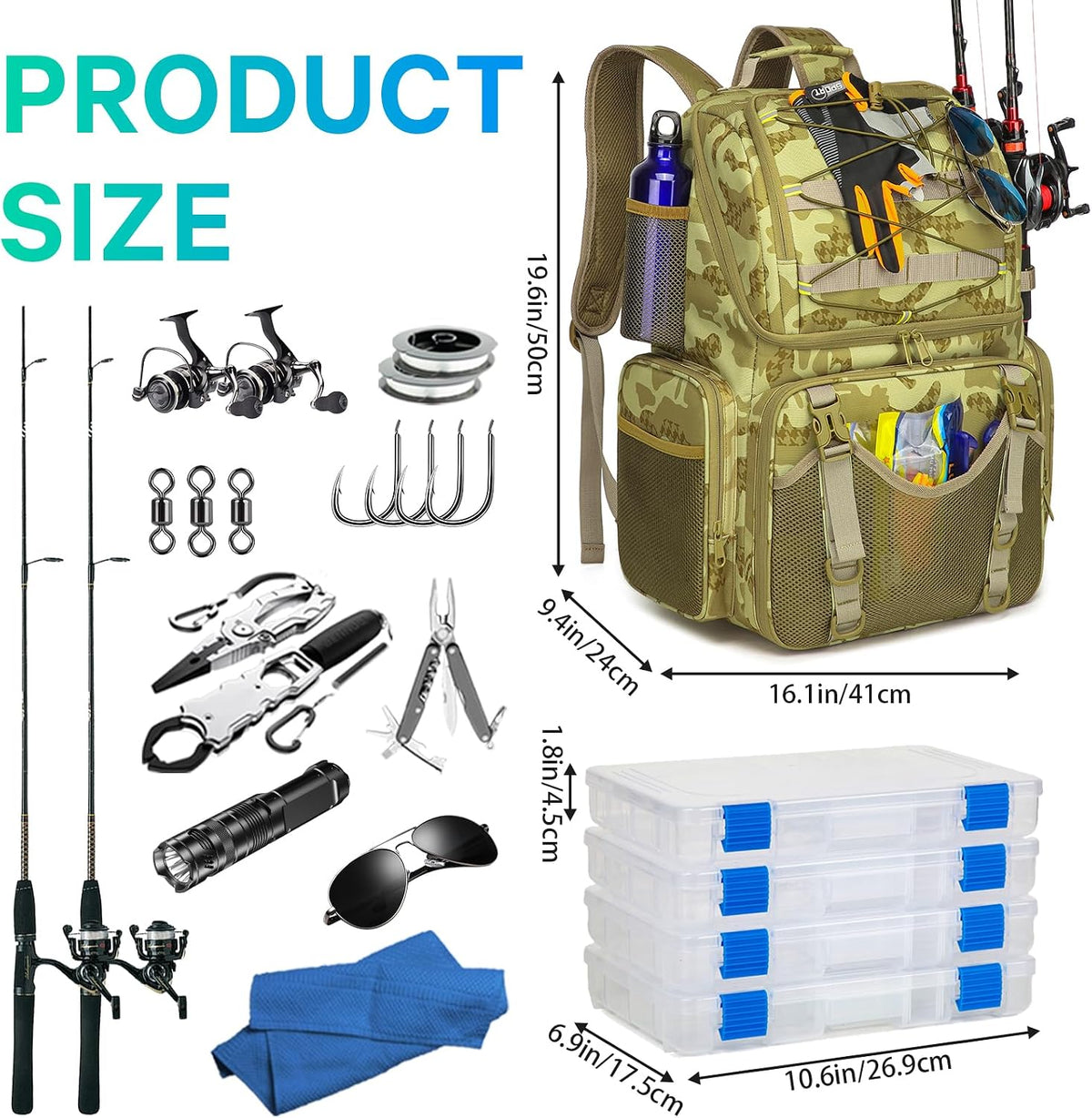 RUCYEN Fishing Backpack, 45L Large Cooler Fishing Tackle bag with Rod Holders & Rain Cover, Water-resistant Store Gear (Khaki Camo(With 4 Tackle Boxes))