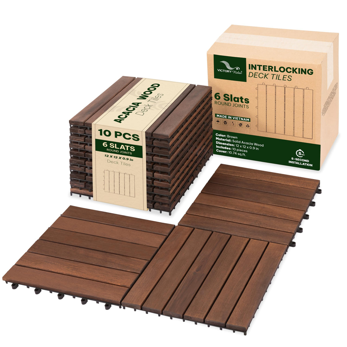 VICTORY RELAX Natural Acacia 12x12 Interlocking Wood Deck Tiles for Balcony, Garden, Patio, Poolside Decor - Waterproof Indoor & Outdoor Flooring - 12 Slats, Round Joints, Pack of 27, Natural Color