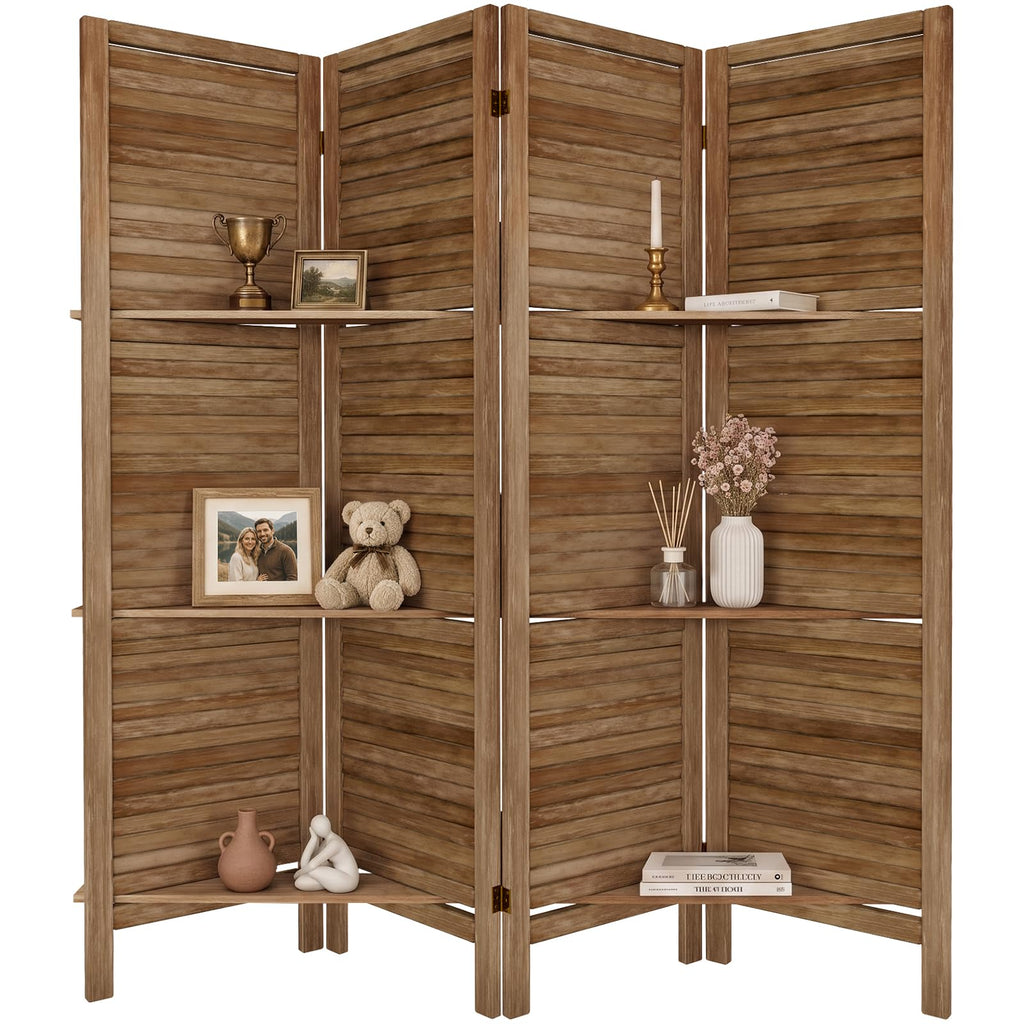 TEAKMAMA Room Divider, Room Divider with Shelves, 4 Panel,Distressed White