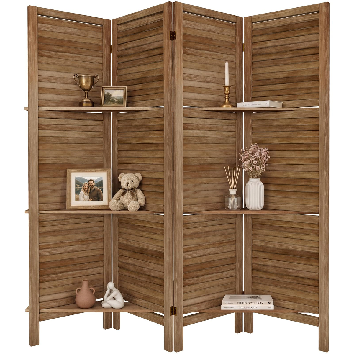 TEAKMAMA Room Divider, Room Divider with Shelves, 4 Panel,Distressed White