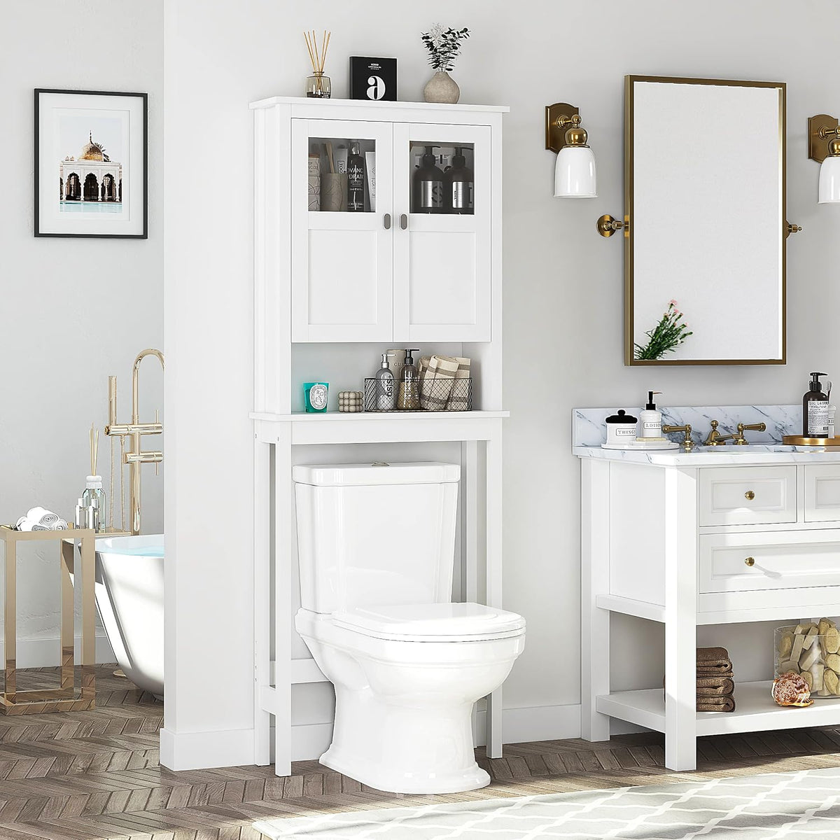 Spirich Bathroom Over the Toilet Storage Cabinet with Glass Doors, White