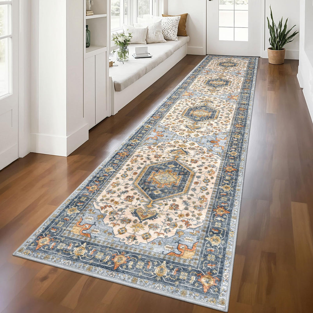 KUTA Vintage Extra Long Runners for Hallways 2.6x18ft Washable Blue White