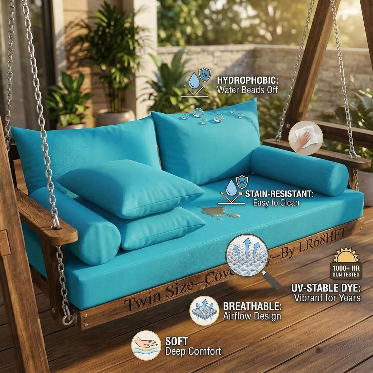 Twin Size Outdoor Swing Daybed Cushion Covers 5 Set, Mattress Cover Water-Resistent Fade-Resistent Breathable Fitted Sheet Slipcover with Zipper (Navy Blue)