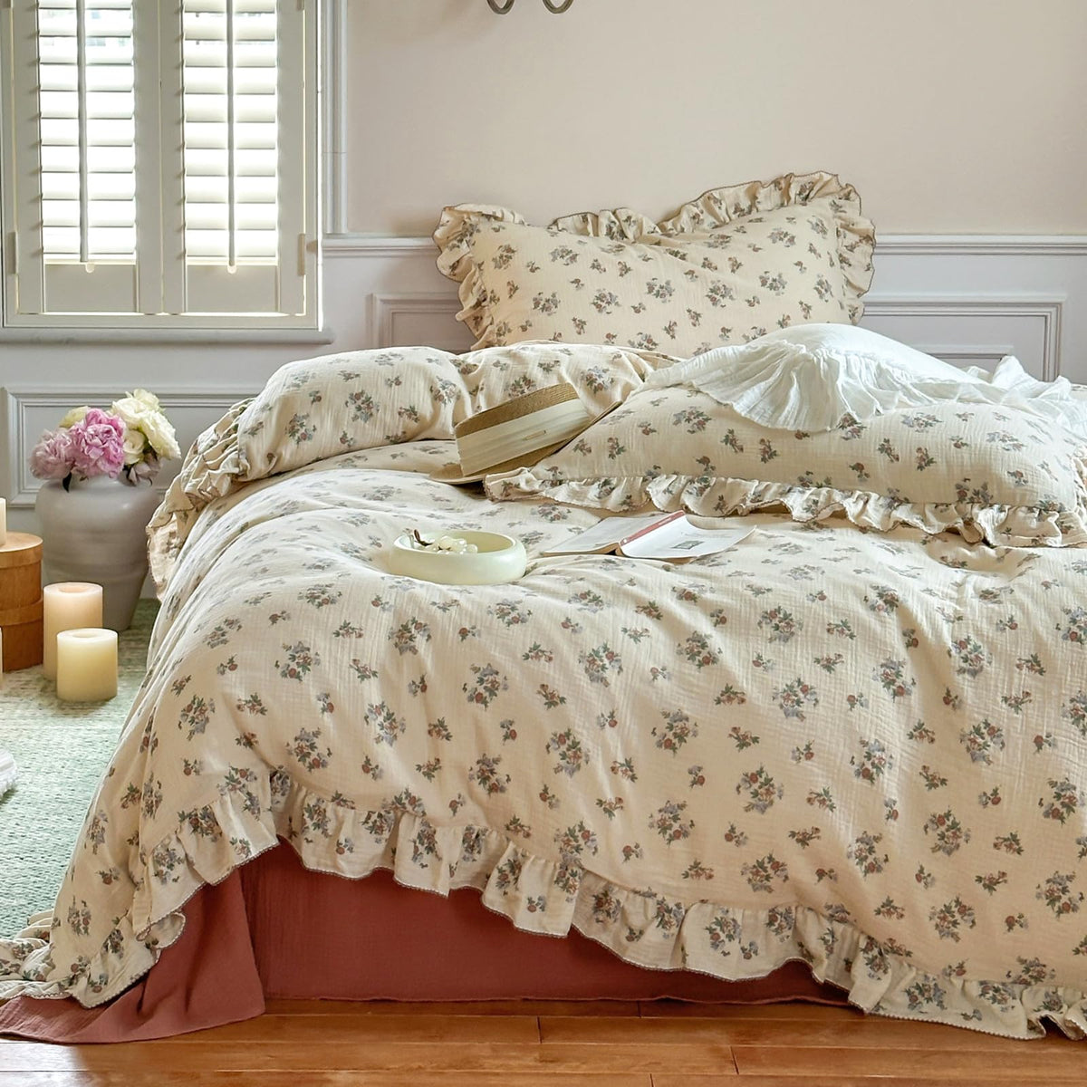 Floral Duvet Cover Set Muslin Cotton Queen(90"x90"),Pink Flower