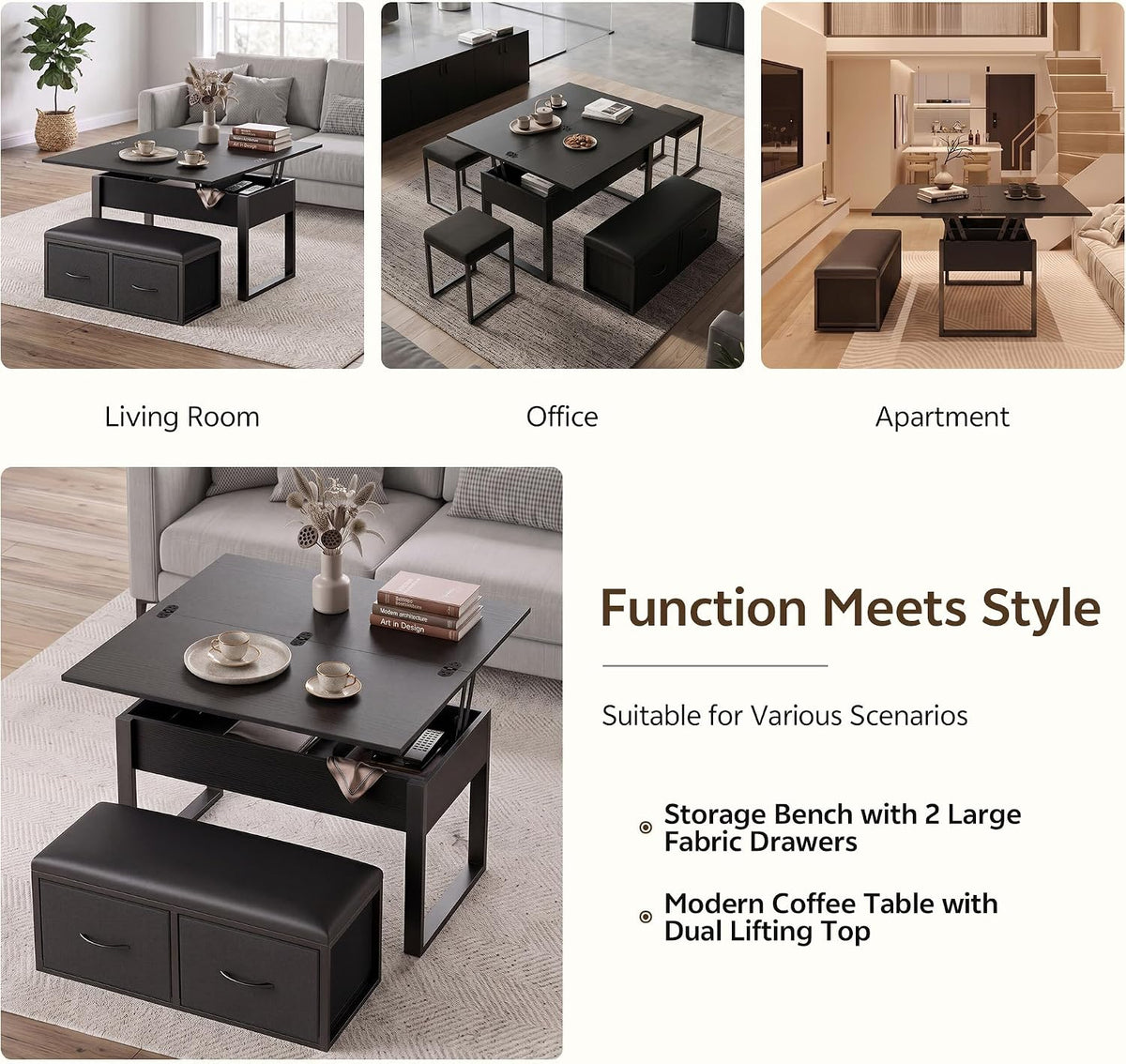 Lift Top Coffee Table with Storage Bench, Black