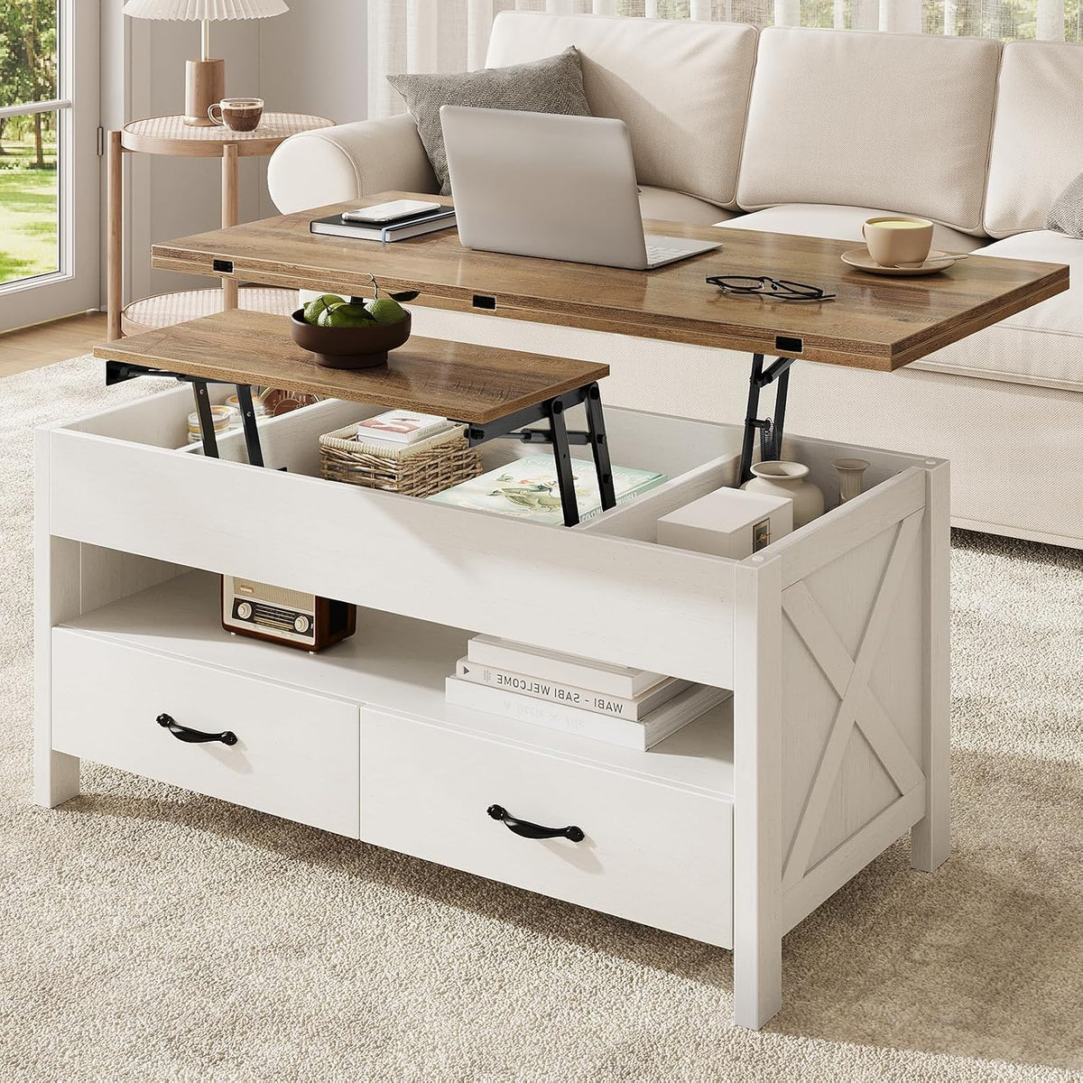 Marsail 40" Lift Top Coffee Table, 4 in 1 Coffee Table with Hidden Compartment, 1 Open Shelf and 2 Drawers, Multifunctional Farmhouse Center Table for Living Room and Home Office, Brown and White