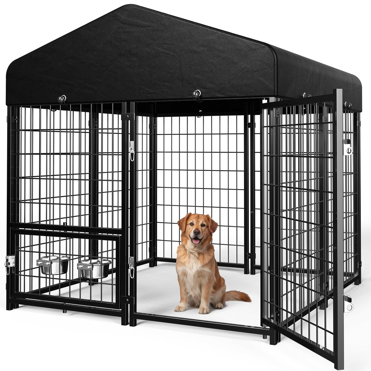 Dog Kennel Outdoor, Large Outside Dog Kennel with Roof & Swivel Feeders/Removable Doggy Door Allow Connecting Your Dog House, Heavy Duty Dog Run Pen for Medium/Large Dogs (8'L x 4'W x 6'H)