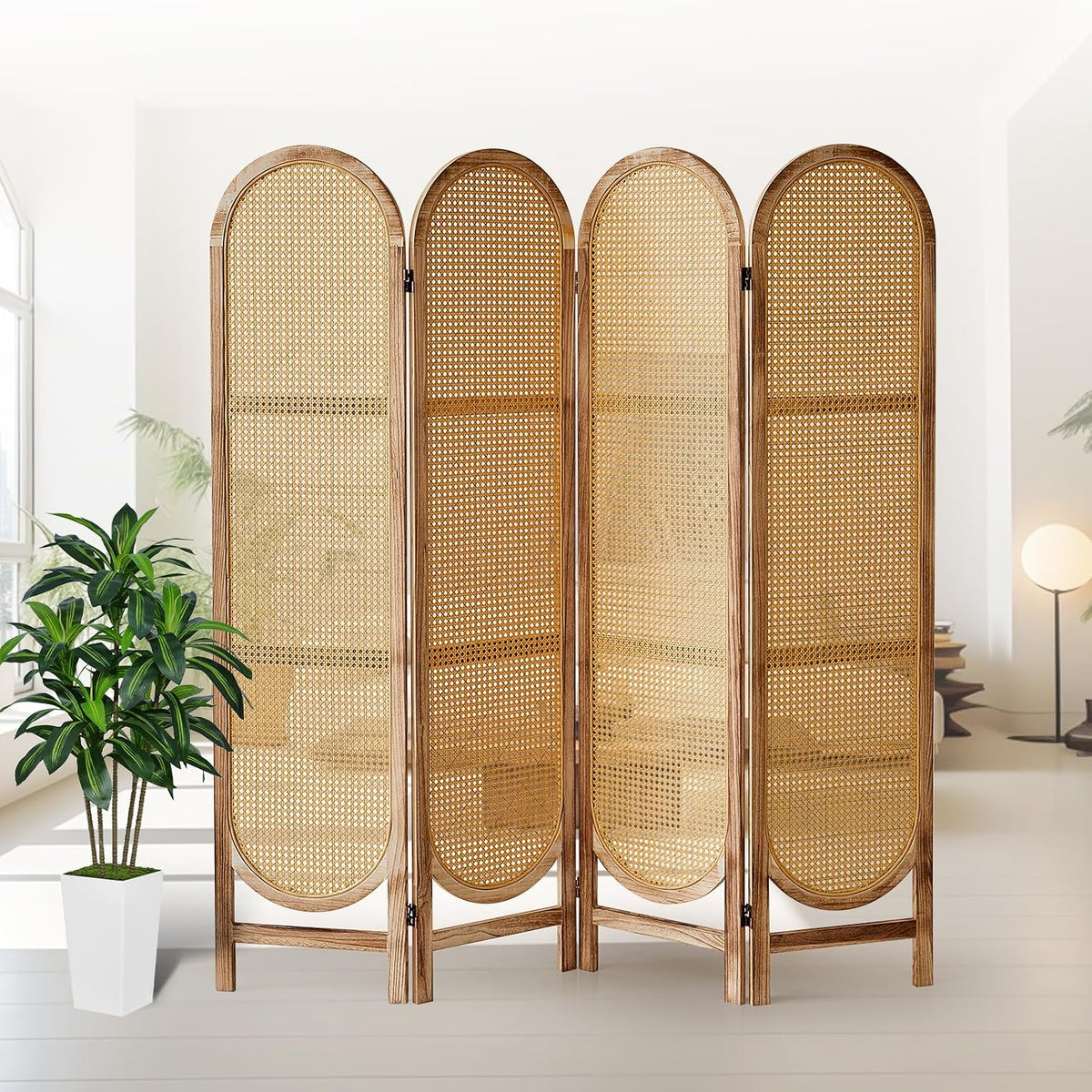4 Panel Rattan Room Divider, Folding Room Divider Screen, Natural