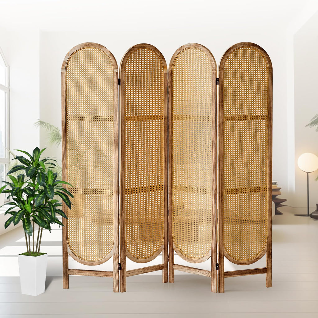 4 Panel Rattan Room Divider, Folding Room Divider Screen, Natural