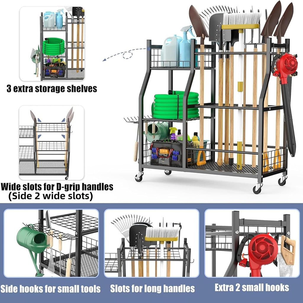 WALMANN Garden Tool Organizer with Wheels, Rakes/Shovels/Yard Tools Stand