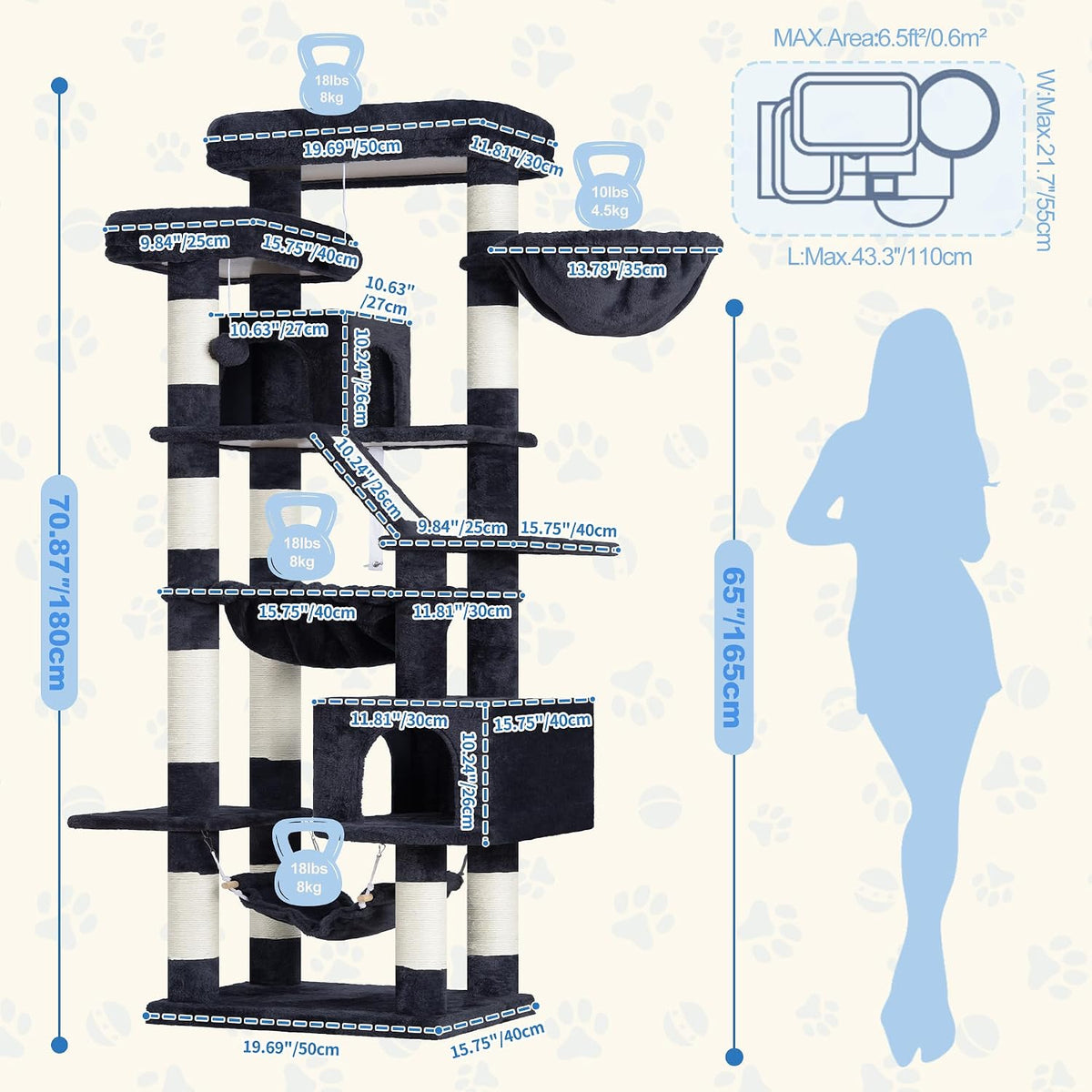 Heybly Cat Tree, 71-Inch-Tall Tower for Indoor Cats with 2 Perches HCT034G