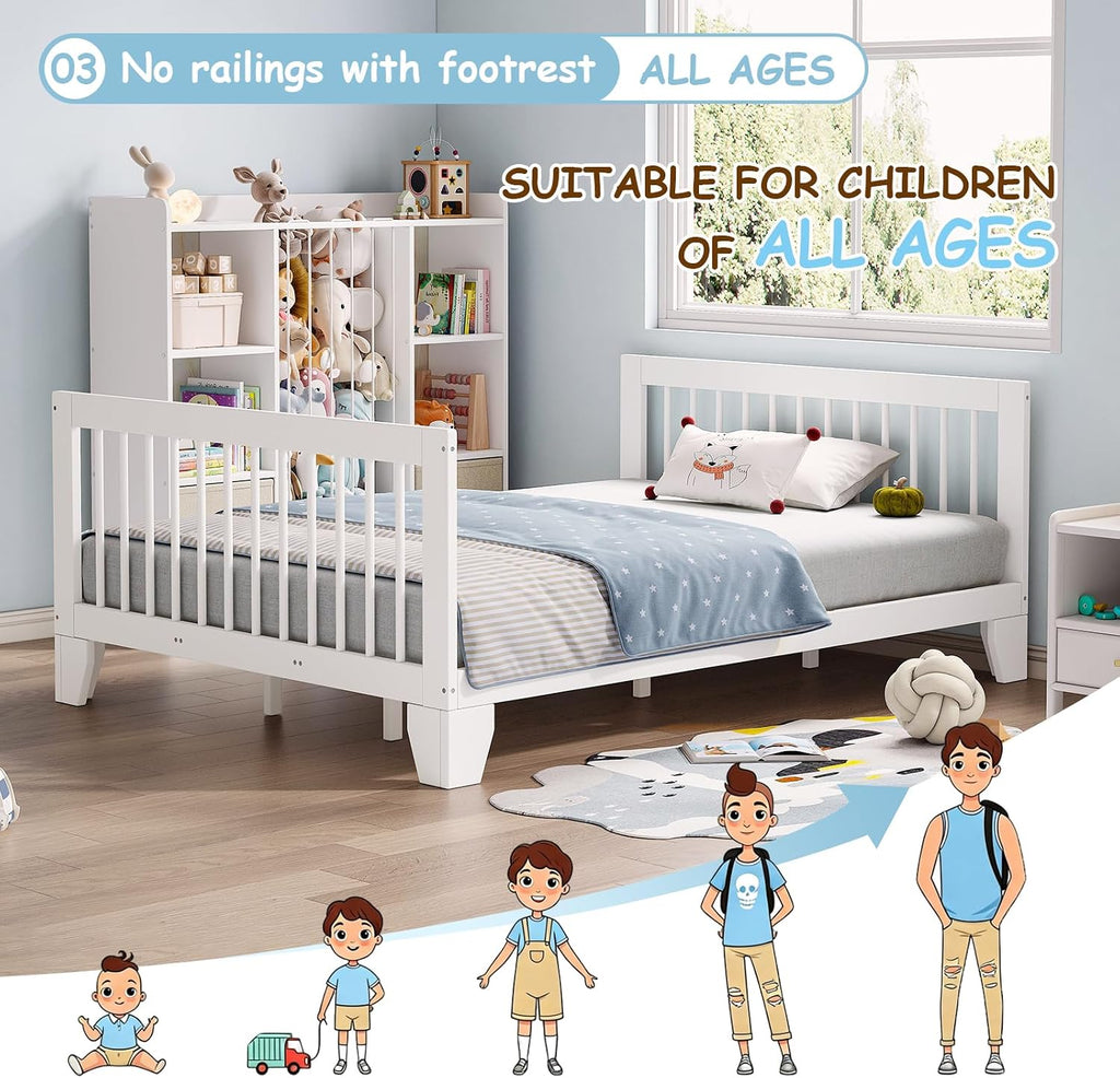 EXPERLAM Full Montessori Floor Bed for Kids, Removable Rails, White