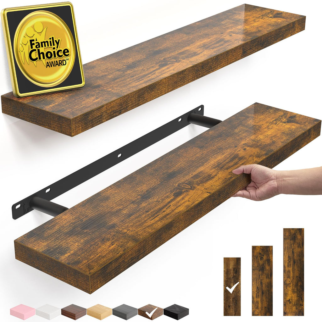 BAYKA Rustic Brown Floating Shelves 35.4in, Set of 2, Wall Mount Wood Shelf